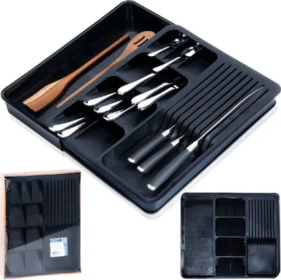 Produktbild von Vilde Schubladeneinsatz Besteckeinsatz Organizer Besteckkasten ausziehbar schwarz 40x31 cm