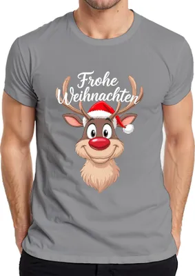 Produktbild von Frohe Weihnachten Rentier Rudolf Weihnachtsmütze Lustig Cartoon Herren T-Shirt, Grau, M