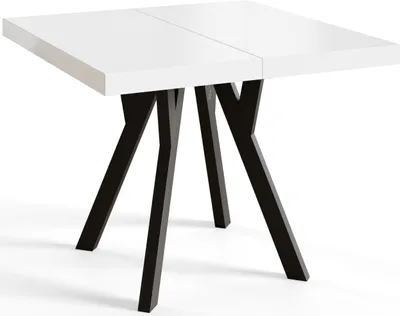 Produktbild von Quadratischer Esszimmertisch RICO, ausziehbarer Tisch, Größe: 120-220X120X77 cm, Wohnzimmertisch Farbe: Weiß, mit Holzbeinen in Farbe Schwarz