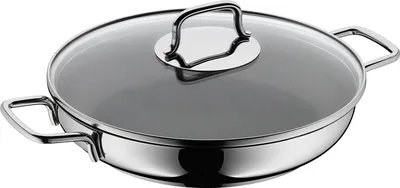 A studio shot of a stainless steel pan with a glass lid.