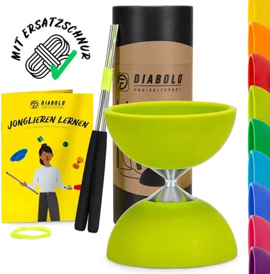 A diabolo set with a book, sticks, and a spare string, presented on a white background with other colored diabolos visible on the right.