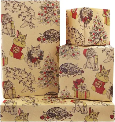 Produktbild von Weihnachts Geschenkpapier, 4 Bögen Kraft, 7 Katzenmotive, Festlich für Weihnachten, Geburtstag, Babyshower