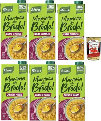 Produktbild von 6x Knorr Mamma Che Brodo! Rindfleisch - Bereitsbrühe 100% natürliche Zutaten, glutenfrei, Laktose und Farbstoffen, mit nachhaltigem Landwirtschaftsgemüse - 1l + Italian Gourmet polpa 400g