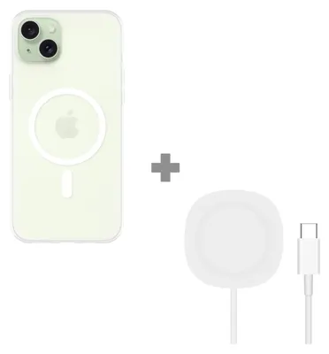 Produktbild von Cazy Weiches TPU Hülle geeignet für iPhone 15 Plus - mit Magnetischem Ring - Transparent + 2 in 1 Magnetisches Kabelloses Ladegerät 15W
