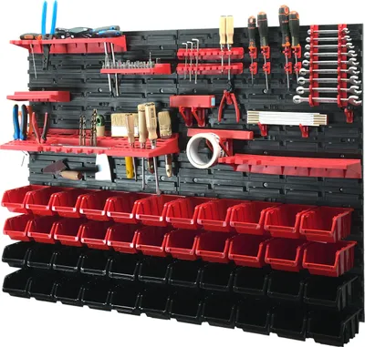 Produktbild von 73-tlg. Set Werkzeugwand 1152 x 780 mm Stapelboxen Werkstatt Lochwand Wandregal Sichtlagerboxen Werkzeughalter