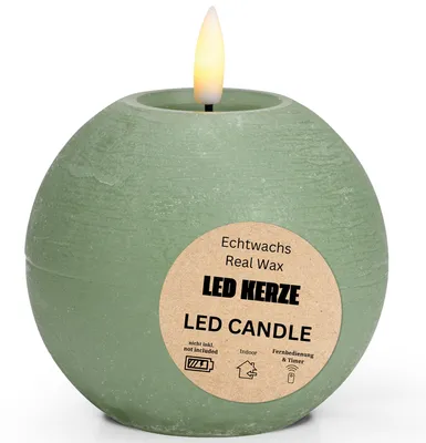 Image de Bougie LED sphérique en cire, flamme vacillante, Ø 10 x 9 cm, sauge