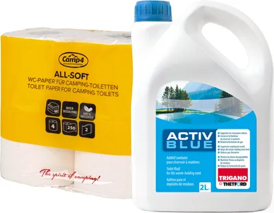 Produktbild von Thetford Activ Blue Toiletten Zusatz für den Abwasserbehälter Sanitärflüssigkeit + All Soft Toilettenpapier speziell für Campingtoiletten