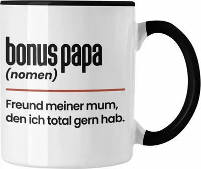 Produktbild von Trendation - Bonus Papa Tasse Geschenk Vatertag Lustiger Spruch Stiefpapa Stiefvater Geschenkidee (Schwarz)
