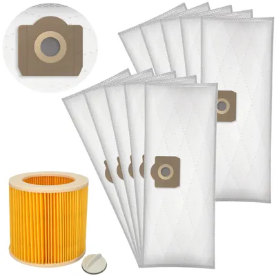 Immagine prodotto di Set di 10 sacchetti per aspirapolvere + filtro – Ricambio, compatibile con la serie Kärcher WD 3 / MV 3 / KWD