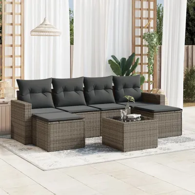 Produktbild von Design 7-tlg. Garten-Sofagarnitur mit Kissen Grau Poly Rattan, Gartenmöbel-Sets 2024 Neu