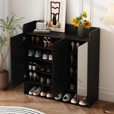 Produktbild von Schuhschrank mit Ganzkörperspiegel Großem Fassungsvermögen Schuhregal Schuhschränke für den Flur 110 x 35,5 x 110 Schwarz