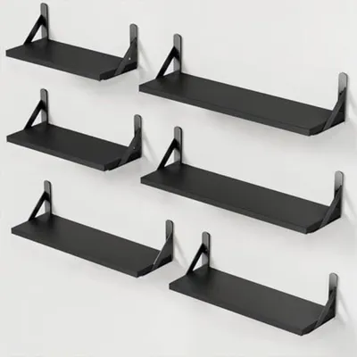 Productafbeelding van PromoHome® Set van 6 zwevende houten wandplanken – Flexibele opstelling voor elke ruimte, 3 verschillende maten, zwart