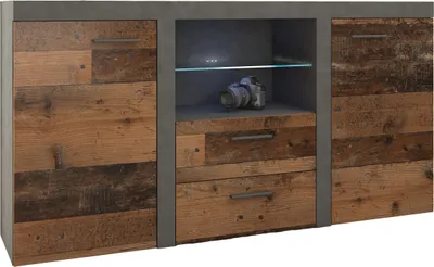 Produktbild von Masseno Kommode RITMO 156 cm Sideboard mit 2 Schubladen und 2 Türen für Wohnzimmer Schlafzimmer Modern 156x40x82 cm Hellgrau / Braun