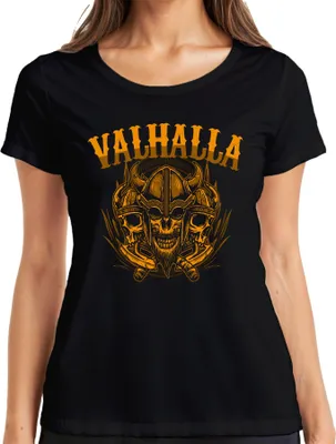 Obrázek produktu pro Dámské tričko Valhalla Viking Skull Helmet Axes Nordic Mythology Runes, černá, M