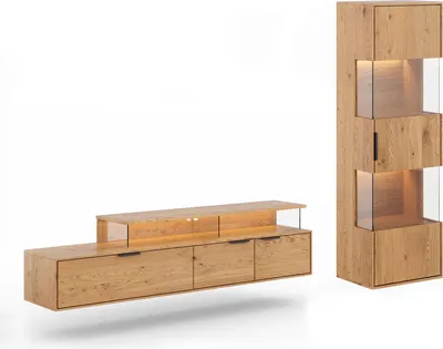 Produktbild von Wohnwand Tirano Wohnzimmer-Set Massivholz geölt Ausführung wählbar,Hängevitrine, Lowboard,Eiche Natur
