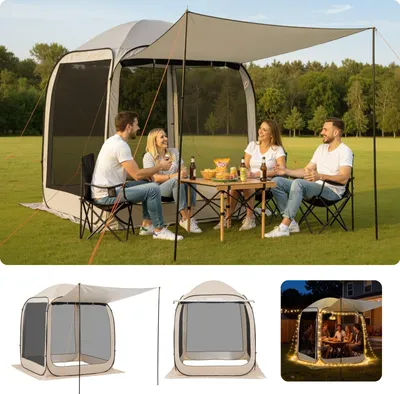 Immagine prodotto di Gazebo pieghevole - Tenda da festa pop-up 1,83 x 1,83 x 2,19 m - Con tenda da sole estraibile - Pareti laterali incluse - Borsa per il trasporto - Per 4-6 persone - Per terrazza e esterni - Beige