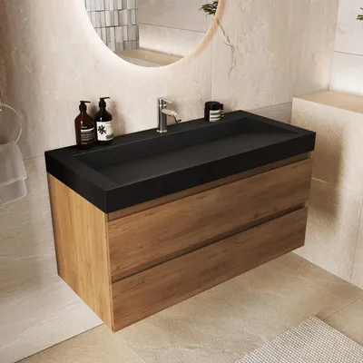 Produktbild von LOMAZOO ZARIVO Warmes Eichenholz - Waschbecken Schwarz - 100 cm