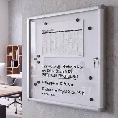 Zdjęcie produktu dla Gablota HWC-Q51, tablica magnetyczna, tablica suchościeralna, tablica ogłoszeniowa, aluminiowa, zamykana, wraz z akcesoriami, 65 x 68 x 7 cm