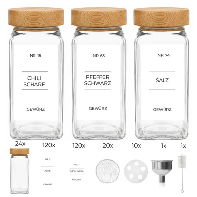 Produktbild von 24x Gewürzgläser mit Bambusdeckel inkl. 240x Etiketten, 30x Streueinsätze, 1x Edelstahl Trichter, 1x Reinigungsbürstchen Vorratsgläser eckig