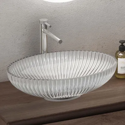 Image de doporro Lavabo à Poser Vasque en Verre Transparent Lave Mains Ovale de Salle de Bains Petit Lave-Mains pour WC 50,5x35x14,5 cm Minerva04