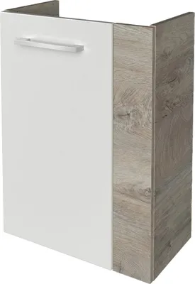Produktbild von Fackelmann STANFORD Waschbeckenunterschrank schmal  Unterschrank für Waschtisch im Gäste-WC (44 cm x 60 cm x 24,3 cm)  Türanschlag links  SBC Badezimmerschrank hängend in Braun hell/Weiß