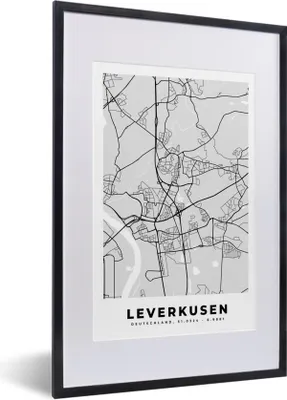 Produktbild von MuchoWow® Gerahmtes Poster Karte - Leverkusen - Deutschland - Stadtplan - Karte 40x60 cm - Poster mit Schwarzem Bilderrahmen Wandposter Rahmen Foto Bilder - Poster in Rahmen