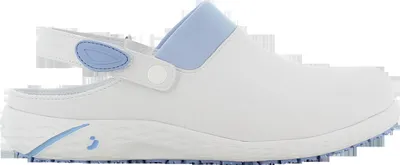 A white and light blue clog shoe, shown from the side.