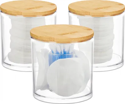 Produktbild von Relaxdays Wattestäbchen Aufbewahrung, 3er Set, Wattepadhalter, Deckel, pflegeleicht, Acryl & Bambus, natur-transparent