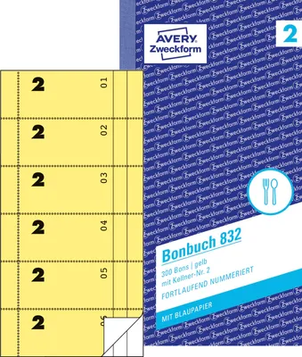Produktbild von Avery Zweckform 832, Bonbuch, gelb, mit Kellner-Nr. 2, 300 Bons