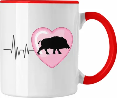 Produktbild von Trendation - Wilschwein Herzschlag Tasse Geschenk für Jäger Jagd Hobby Geschenkidee (Rot)
