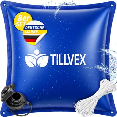 Immagine prodotto di tillvex® Cuscino per piscina invernale, 8 pezzi, formato XXL (120x120 cm), con 12 metri di corda e kit di riparazione | Cuscino gonfiabile per la copertura invernale della piscina, resistente al gelo e al cloro, fino a -20°C | Cuscino invernale completo di valvola a vite | Cuscini per la protezione invernale della piscina