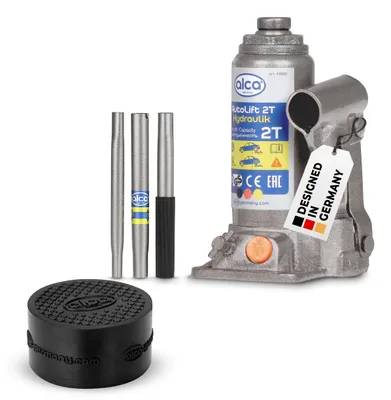 Image de alca® Cric hydraulique 2t I Kit de levage de voiture + revêtement en caoutchouc RubberPad S I Kit de levage sous la voiture Hauteur de levage 158-308 mm Antidérapant robuste & durable I Kit de levage de voiture à poinçon