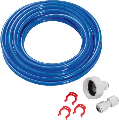 A coiled blue tube and plumbing connectors are laid out on a white background.