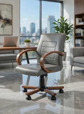Image de Siège de bureau gris avec accoudoirs en bois et structure robuste