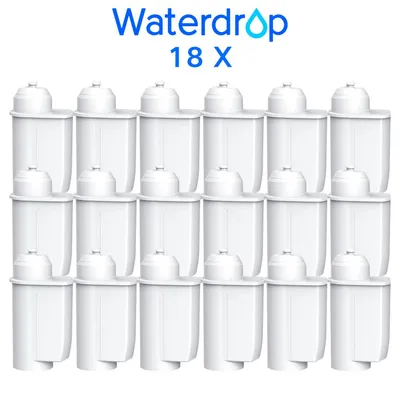 A grid of 18 white water filter cartridges, arranged in three rows of six, with the brand name 'Waterdrop' and '18 X' printed above.