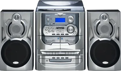 A silver stereo system with two speakers is shown against a light gray background.