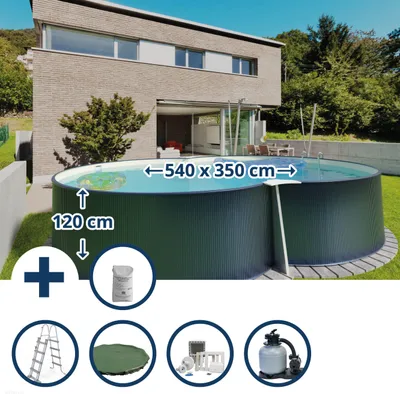 Produktbild von Stahlwandpool Set (6-teilig) achtform 540x350x120cmStahl 0,4mm anthrazit, Folie 0,4mm sand, Einh.