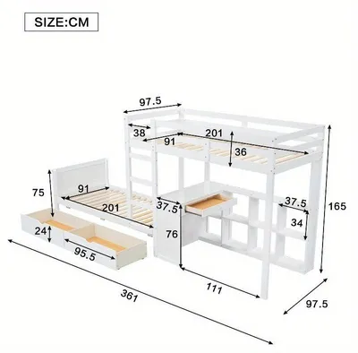 Immagine prodotto di Letto a castello 90x200 cm – Tre posti letto con scrivania – Letto per bambini moderno – Bianco, in metallo e legno