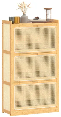 Produktbild von Schuhschrank fš¹r 14 Paar Schuhe, mit 3 Klappschubladen, verstellbaren Einlegeb?den, 69 x 29 x 119,8 cm, Naturholz