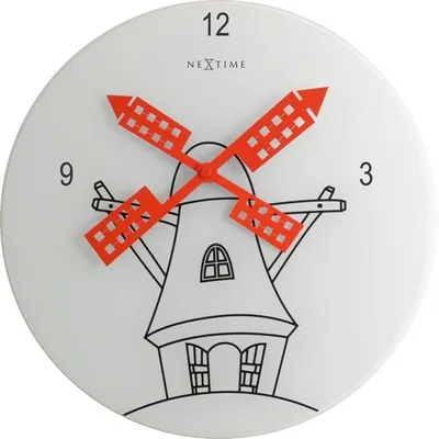 A clock with a windmill design.