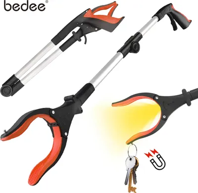 Produktbild von Faltbare Greifer, Greifzange Müllzange Greifhilfe, Schwenkarm 80cm lang mit Lichtfunktion und Magnetspitzen, Müllsammler für die Müllabfuhr, Armverlängerung für ältere Menschen und Kinder