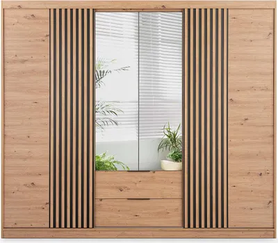Produktbild von 4-türiger Kleiderschrank mit 2 Schubladen - Mit Spiegel - 250 cm breit - Natur - SIDOVIA