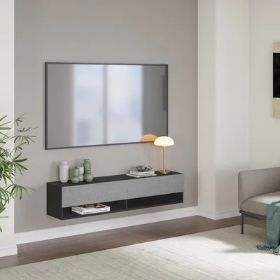 Produktbild von TV-Lowboard 'Halmstad' mit 2 Klapptüren und 2 offenen Fächern 140 x 31 x 30 cm hängend Schwarz/Betonoptik
