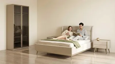 Zdjęcie produktu dla Schlafzimmer Set Beige Modern Luxus Bett Kleiderschrank 2x Nachttische
