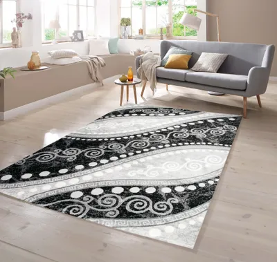Image de Tapis moderne avec des fils pailletés, gris, noir et crème - Dimensions : 80 x 300 cm