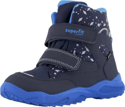 A single blue winter boot with a star and planet pattern.