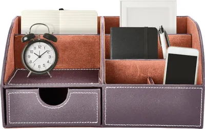 Produktbild von DONBOLSO Schreibtisch-Organizer und Stifteköcher fürs Büro aus Kunstleder, praktisches Design – sorgt für Ordnung und Sauberkeit auf dem Schreibtisch – 28x14,5x14 cm – Braun