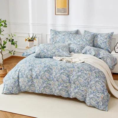 Productafbeelding van Bettlaken set 220x240 cm, bloemenprint, blauw, 3-delig, katoen, met rits en 2 kussenslopen van 80x80 cm