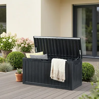 Produktbild von Outdoor-Aufbewahrungsbox 'Vades' 117 x 47 x 59 cm 300 L abschließbar Schwarz, Holzoptik