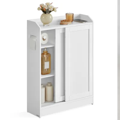 Produktbild von VASAGLE Badezimmerschrank, Badschrank platzsparend, Toilettenrollenhalter, Toilettenbürstenhalter, Schiebetüren, verstellbare Einlegeböden